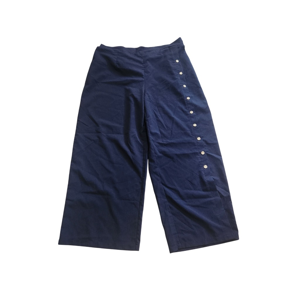 Womens Plus‎ SZ 4XL Navy Blue Wide Leg Cropped Pants Button Detail Elastic Waist